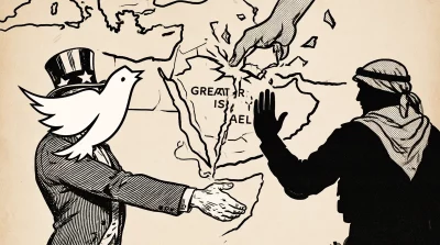 Ilustração editorial sobre Líder do Hezbollah rejeita cessar-fogo mediado pelos EUA e denuncia projeto do Grande Israel. (Ilu