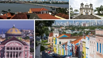 Cenas de cidades históricas brasileiras, incluindo igrejas coloniais e fachadas coloridas em ruas estreitas. (Foto: https://w