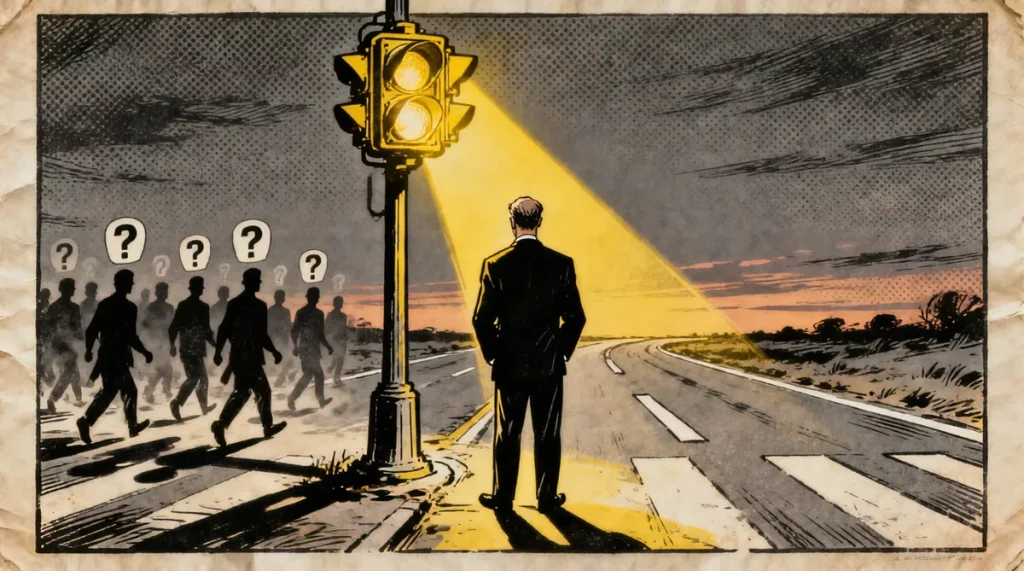 Ilustração editorial sobre Pesquisa Genial/Quaest: sinal amarelo para Flávio Bolsonaro e oposição sem rumo. (Ilustração: Cafe