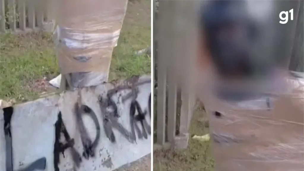 Homem é encontrado amarrado a poste com placa que diz 'LADRÃO' na região da Hidráulica, em Rio Grande, RS. (Foto: g1.globo.co