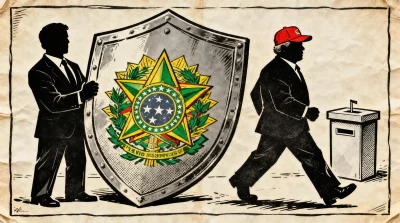 Ilustração editorial sobre Flávio Bolsonaro assume papel de guardião da grife familiar na sucessão presidencial. (Ilustração:
