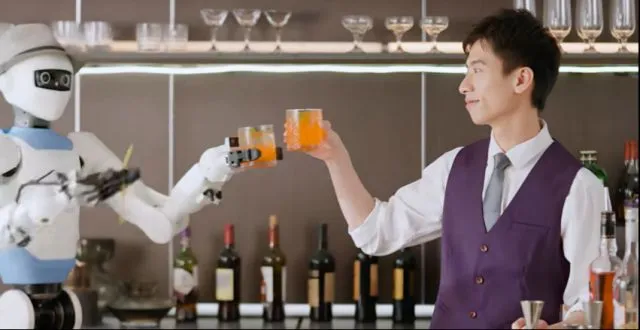Robô da Astribot servindo bebida em bar, ilustrando a aplicação prática da tecnologia da empresa.