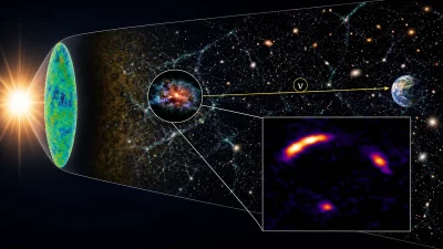 Representação artística da galáxia 'Explosão de Sombras' e sua emissão de neutrinos, vista a partir da Terra. (Foto: en.click