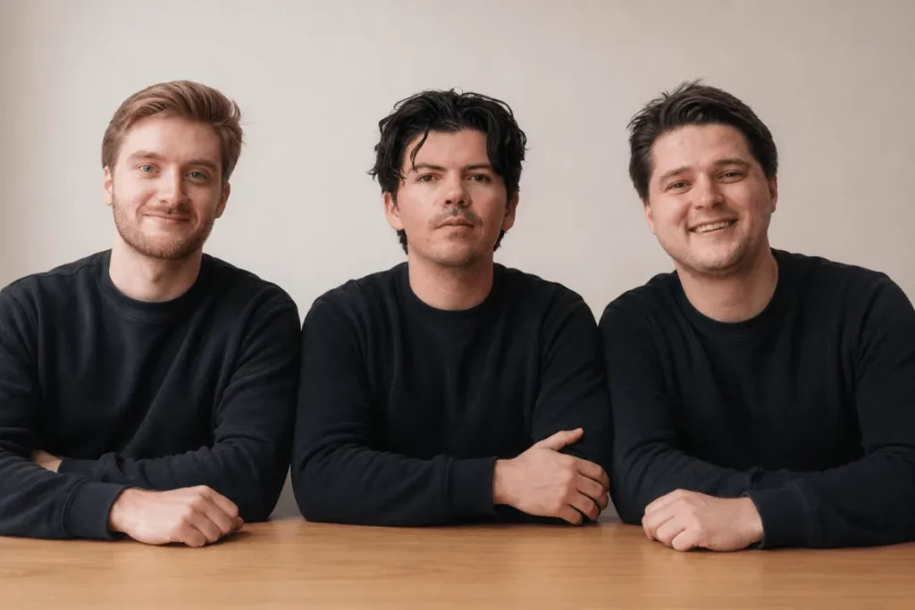 Três homens sentados à mesa, identificados como fundadores da Sandstone, empresa que levantou $30M para AI jurídica. (Foto: t