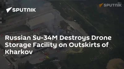 Instalação de armazenamento de drones em chamas nas proximidades de Kharkov, após ataque do Su-34M russo. (Foto: sputnikglobe