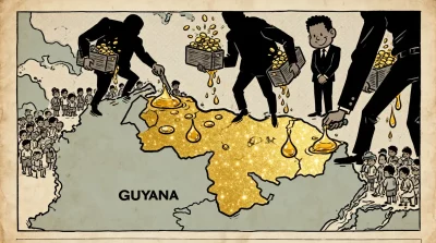 Ilustração editorial sobre Guyana intensifica concessão de vastos recursos do Esequibo a empresas estrangeiras. (Ilustração: