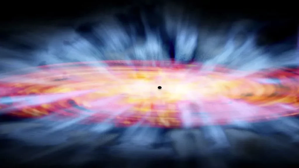 Representação artística de um quasar com ventos cósmicos em torno de um buraco negro supermassivo. (Foto: www.space.com)
