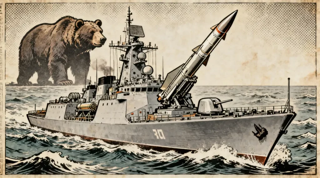 Ilustração editorial sobre Marinha da Índia equipará navios com mísseis BrahMos. (Ilustração: Cafezinho / Wan 2.6)