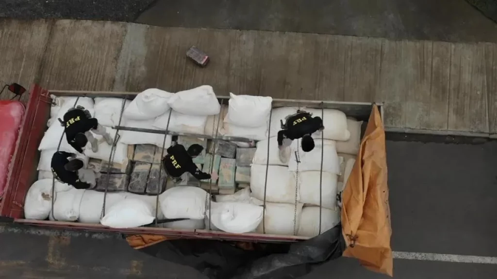 Agentes da PRF inspecionam sacos de ração em caminhão na BR-386, em Lajeado. (Foto: g1.globo.com)
