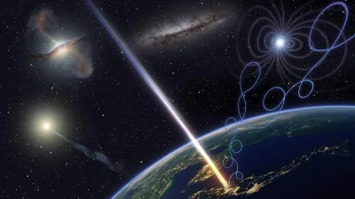 Representação artística de raios cósmicos e fenômenos astrofísicos próximos à Terra. (Foto: www.sciencedaily.com)