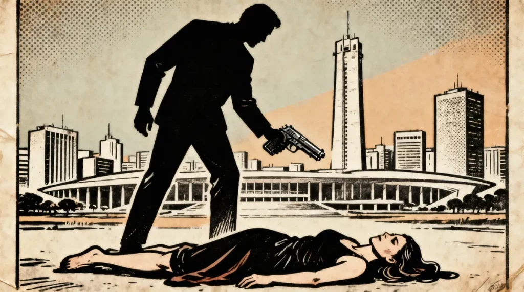 Ilustração editorial sobre Homem mata companheira e tenta suicídio no Distrito Federal. (Ilustração: Cafezinho / Wan 2.6)