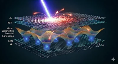 Representação gráfica do efeito de fotoexcitação em dispositivos 2D moiré, mostrando transição de metais para isolantes. (Fot
