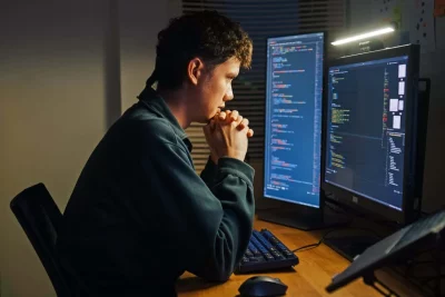 Desenvolvedor trabalha em código em frente a monitores com programação exibida. (Foto: newscientist.com)
