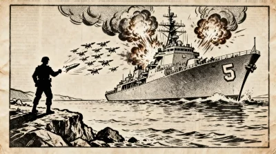 Ilustração editorial sobre Guarda Revolucionária do Irã ataca base da 5ª Frota dos EUA com mísseis e drones. (Ilustração: Caf