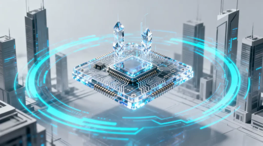 Ilustração editorial sobre Huawei anuncia avanço em design de chips e desafia sanções dos EUA. (Ilustração: Cafezinho / Wan 2