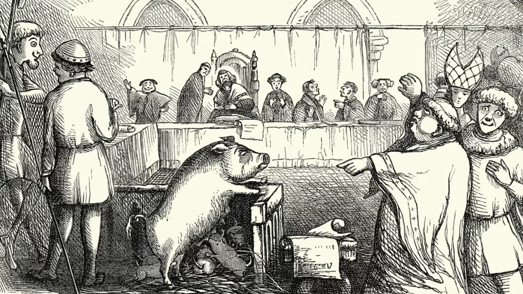 Ilustração de um julgamento medieval com um porco como réu, cercado por figuras em trajes da época. (Foto: www.livescience.co