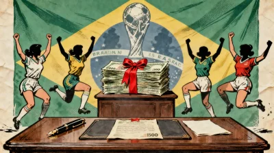 Ilustração editorial sobre Lula sanciona lei da Copa Feminina de 2027 e premia pioneiras com R$ 500 mil. (Ilustração: Cafezin
