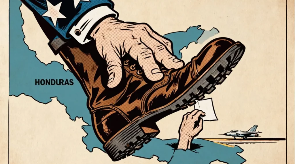 Ilustração editorial sobre Honduras negocia permitir operações militares dos EUA em território nacional. (Ilustração: Cafezin