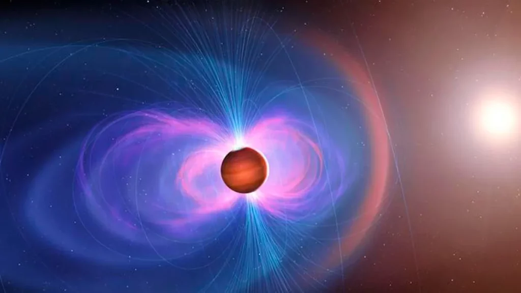 Representação artística de um exoplaneta com campo magnético, ilustrando descoberta científica. (Foto: www.livescience.com)