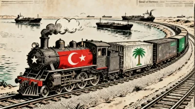 Ilustração editorial sobre Turquia e Arábia Saudita negociam ferrovia que contorna Estreito de Ormuz. (Ilustração: Cafezinho