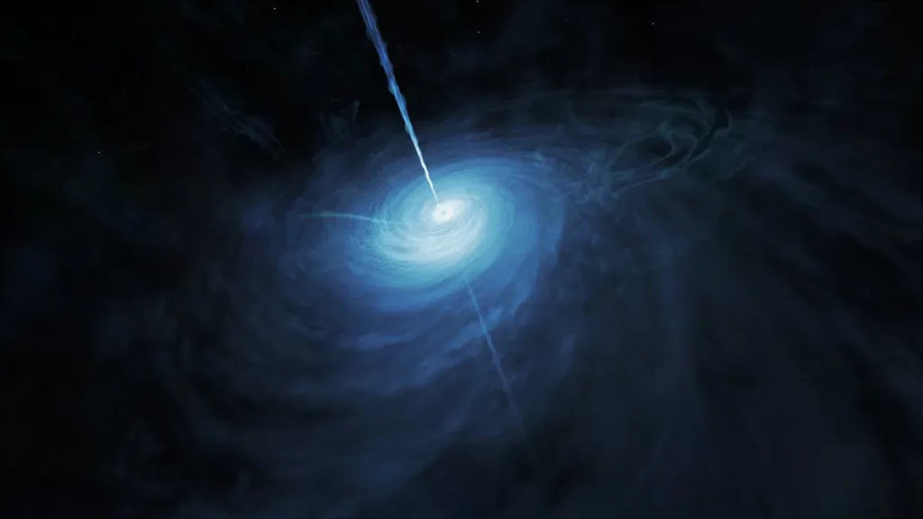 Representação artística de um quasar com jato de matéria e luz intensa no centro do universo. (Foto: space.com)