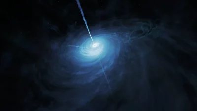 Representação artística de um quasar com jato de matéria e luz intensa no centro do universo. (Foto: space.com)