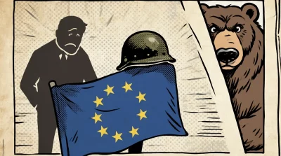 Ilustração editorial sobre Especialista alerta que militarização da UE prejudica competitividade global. (Ilustração: Cafezin
