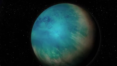 Representação artística do exoplaneta TOI-1452 b, com superfície oceânica e atmosfera visível no espaço. (Foto: ecoticias.com