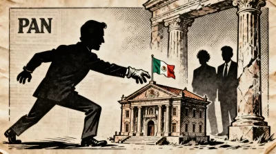 Ilustração editorial sobre PAN e aliados internacionais articulam desestabilização do governo Sheinbaum no México. (Ilustraçã