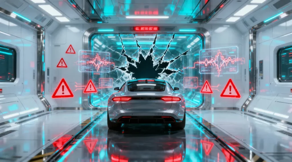 Ilustração editorial sobre Pesquisa revela que modelos de IA para robôs e carros autônomos falham em testes de segurança. (Il