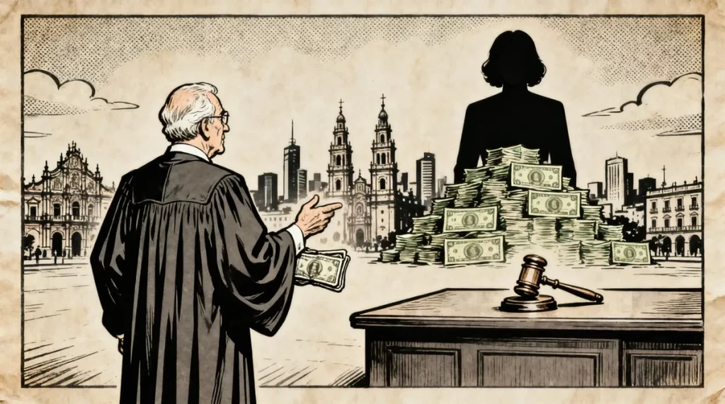 Ilustração editorial sobre Magistrados aposentados no México cobram Sheinbaum por pagamentos pendentes. (Ilustração: Cafezinh