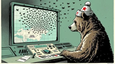 Ilustração editorial sobre Rússia demonstra sistemas integrados de drones para defesa coletiva da OTSC. (Ilustração: Cafezinh