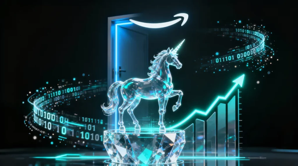 Ilustração editorial sobre Odyssey, startup de world models, arrecada US$ 310 milhões e vira unicórnio com apoio da Amazon. (