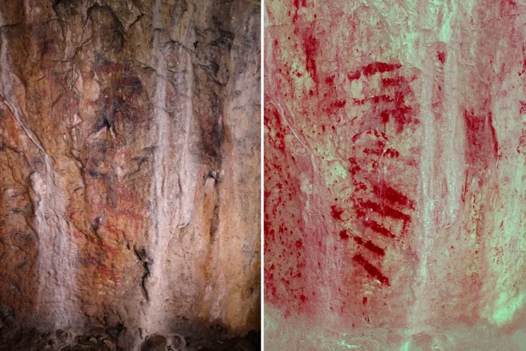 Detalhes das marcas vermelhas em uma parede de caverna no País de Gales, consideradas as mais antigas da arte rupestre britân