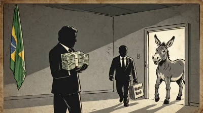 Ilustração editorial sobre Escândalo Vorcaro: Caiado vê Flávio Bolsonaro sem força para encarar Lula em 2026. (Ilustração: Ca