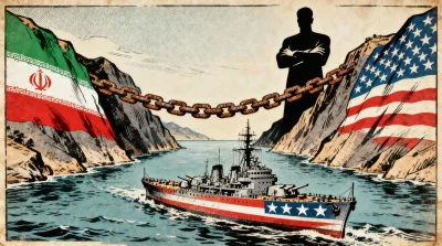 Ilustração editorial sobre Irã anuncia plano de nacionalização do estreito de Ormuz e desafia hegemonia dos EUA. (Ilustração:
