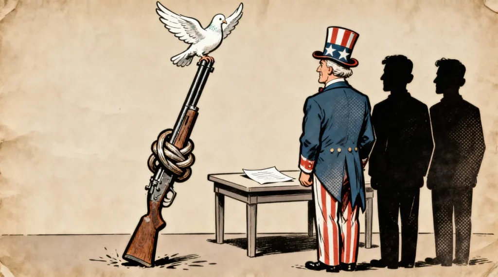 Ilustração editorial sobre Israel e Líbano anunciam cessar-fogo mediado pelos EUA. (Ilustração: Cafezinho / Wan 2.6)