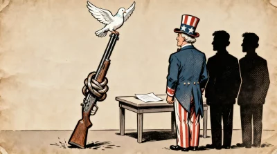 Ilustração editorial sobre Israel e Líbano anunciam cessar-fogo mediado pelos EUA. (Ilustração: Cafezinho / Wan 2.6)