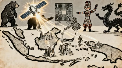Ilustração editorial sobre Indonésia reforça parcerias tecnológicas com BRICS para impulsionar industrialização. (Ilustração: