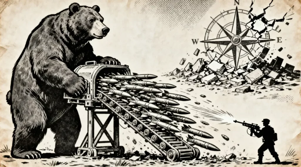 Ilustração editorial sobre Rússia sobrecarrega defesas aéreas da Ucrânia com produção de mísseis e expõe limite do Ocidente.