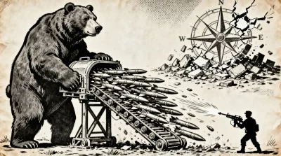 Ilustração editorial sobre Rússia sobrecarrega defesas aéreas da Ucrânia com produção de mísseis e expõe limite do Ocidente.