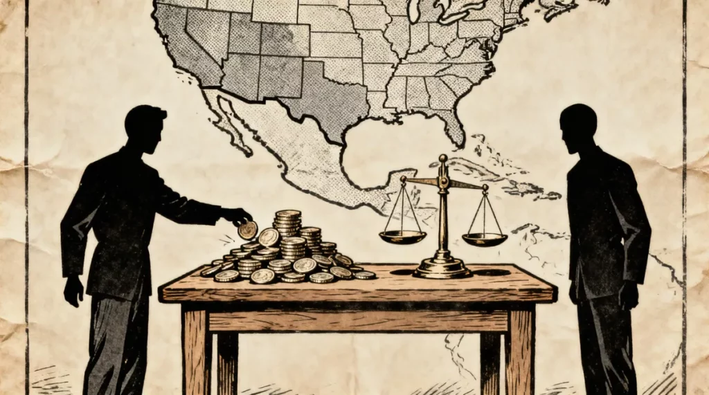 Ilustração editorial sobre México busca preservar vantagem arancelária em negociações com EUA. (Ilustração: Cafezinho / Wan 2