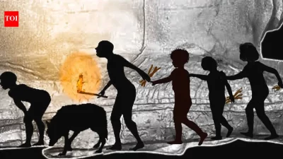 Silhuetas de caçadores-pescadores com fogo e um canino ilustram método de navegação em caverna. (Foto: timesofindia.indiatime