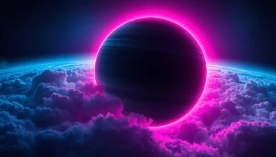 Planeta com anéis luminosos e atmosfera colorida, representando exoplaneta em Tylos. (Foto: martincid.com)