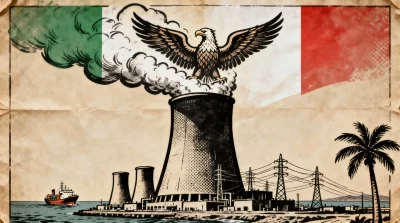 Ilustração editorial sobre Sheinbaum reforça soberania mexicana com nova planta elétrica em Manzanillo. (Ilustração: Cafezinh