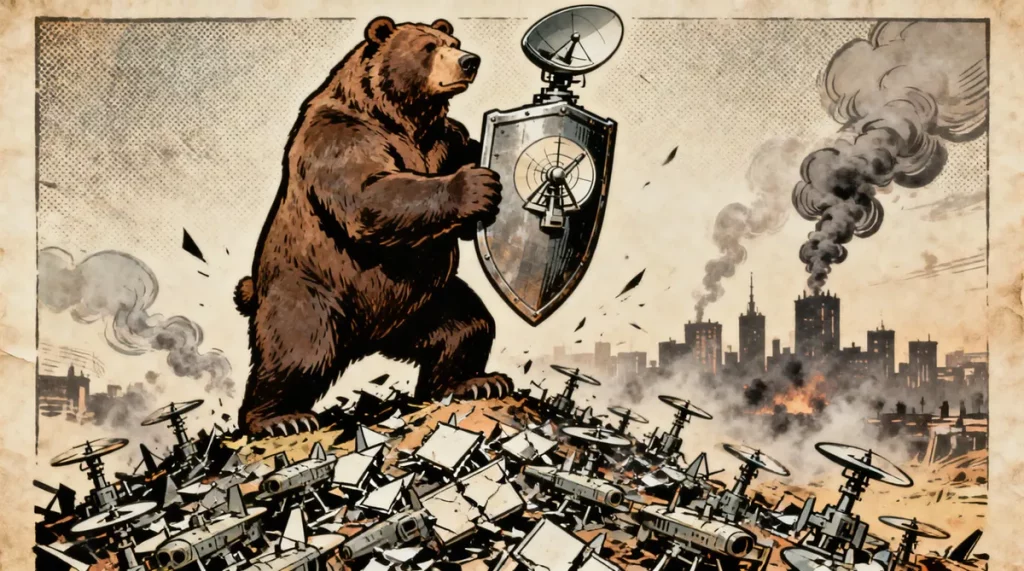 Ilustração editorial sobre Defesa aérea russa abate 500 drones ucranianos em 24 horas. (Ilustração: Cafezinho / Wan 2.6)