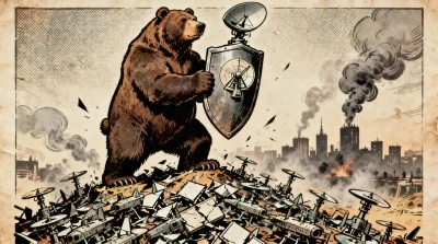 Ilustração editorial sobre Defesa aérea russa abate 500 drones ucranianos em 24 horas. (Ilustração: Cafezinho / Wan 2.6)