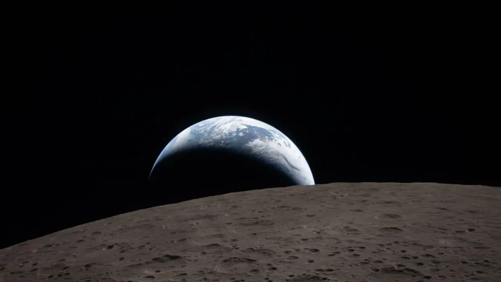 Terra vista da superfície lunar em ilustração digital. (Foto: space.com)