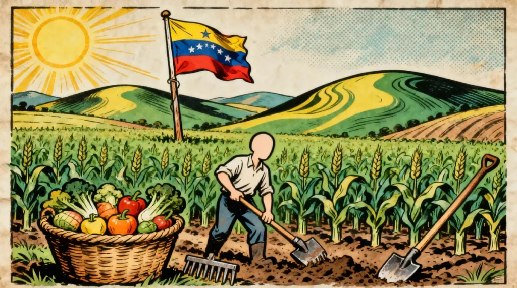 Ilustração editorial sobre Venezuela avança em soberania econômica com apoio ao setor agroalimentar. (Ilustração: Cafezinho /
