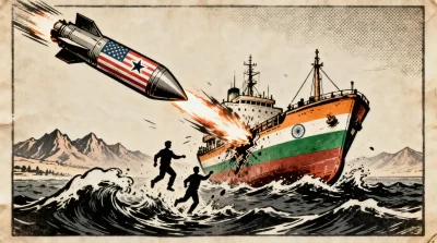 Ilustração editorial sobre Índia confirma morte de três tripulantes após ataque com míssil dos EUA no Golfo de Omã. (Ilustraç